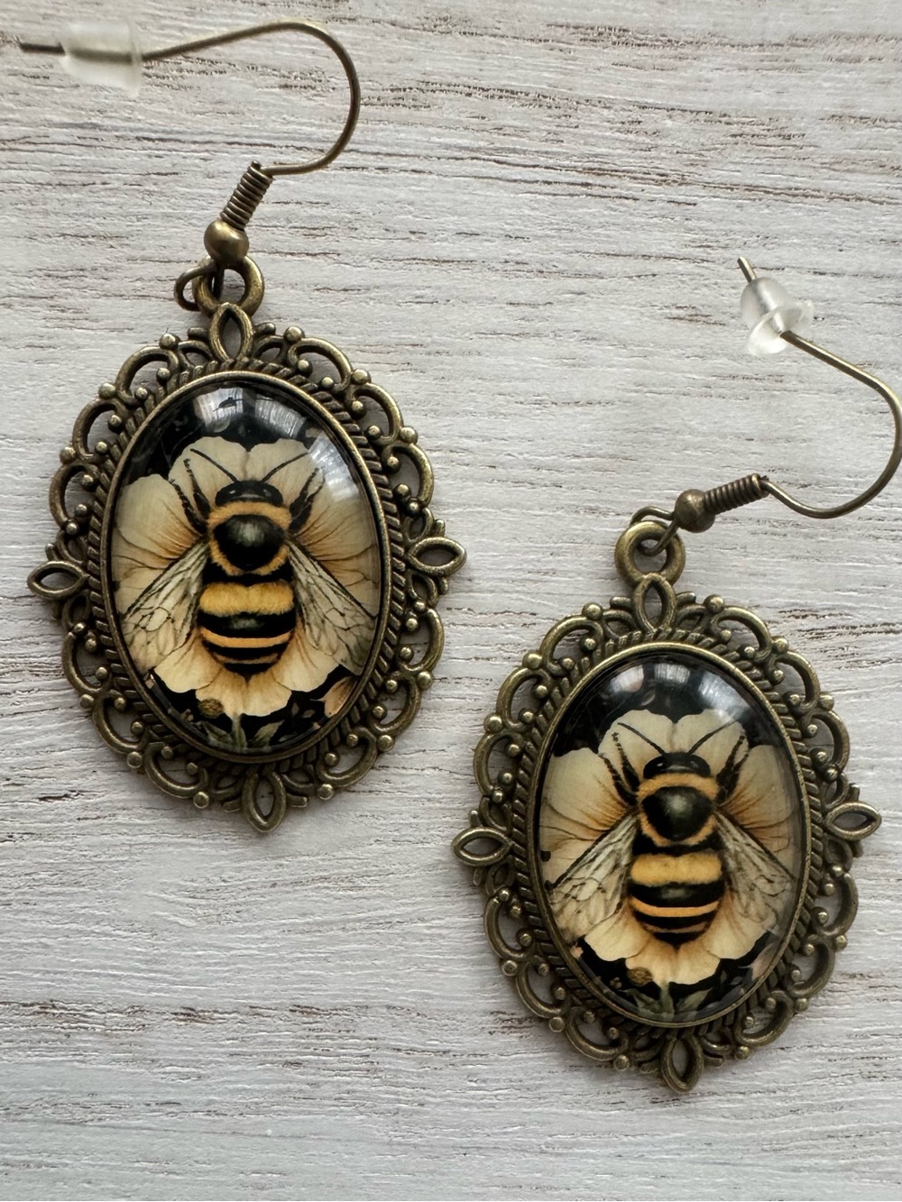 Drop Earrings Cameo Bee and Flower Cream and Black 1.5” X 1”